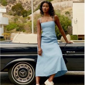 Reformation Blue Linen Tie back Dress
